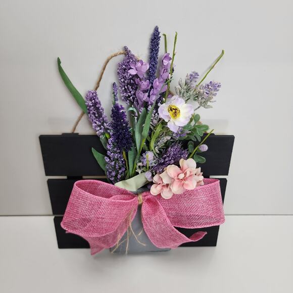 Spring Wooden Bouquet Lavender Wild Flowers Pink & Twine Bow Hanging Door Sign - Picture 3 of 6